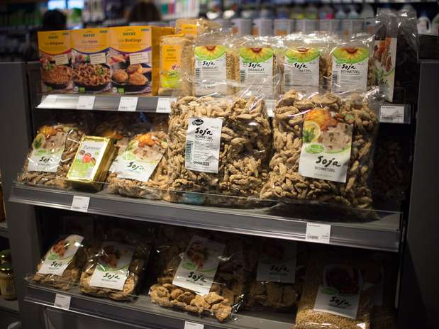 Estande de venda de produtos veganos, na Alemanha Foto: AFP