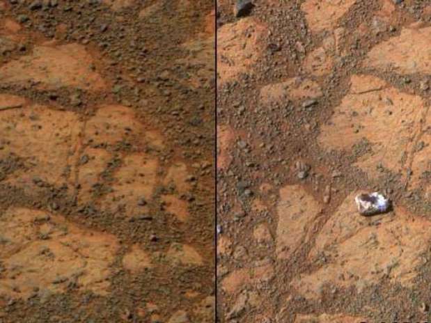 Montagem com fotos da Nasa mostram a superfície de Marte. Cientistas estão intrigados sobre como uma pedra apareceu misteriosamente numa foto enviada de Marte pela sonda Opportunity Foto: NASA / Reuters