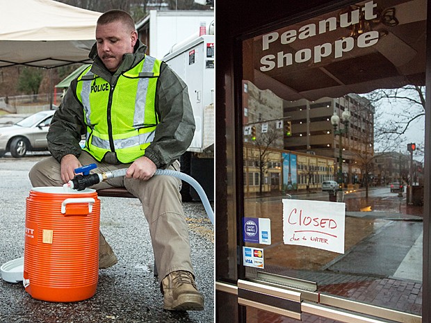 Chefe de polícia Brian Oxley ajuda a distribuir água para moradores locais em West Virginia; ao lado, loja informa que está fechada por causa da água (Foto: Michael Switzer/AP)