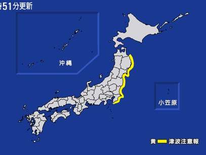 Mapa publicado pela rede NHK mostra a área da costa japonesa que pode ser atingida pelo tsunami Foto: Terra